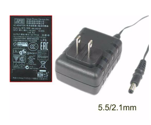 NEW APD / Asian Power Devices WA-24Q12R AC Adapter 12V 2.0A, Barrel 5.5/2.1mm, US 2-Pin Plug